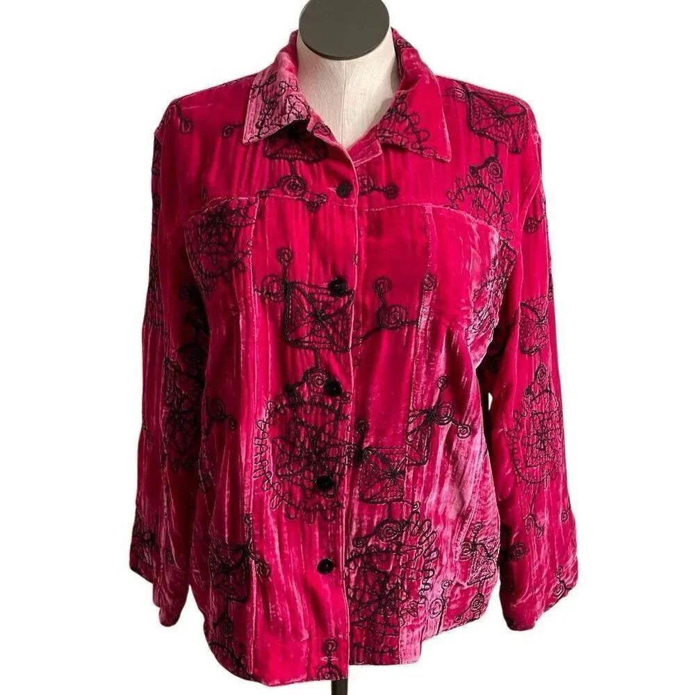 Vtg Womens Crushed Velvet Jacket 3 Silk Magenta Embroidered Artsy Boho Statement